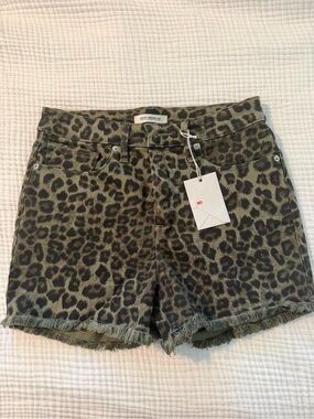 Good American Olive & Black Leopard Denim Cutoff Shorts